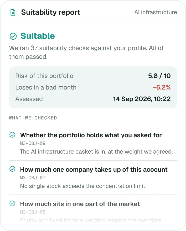 Rules-based suitability checks — the Advisory app, never a rubber-stamp approval