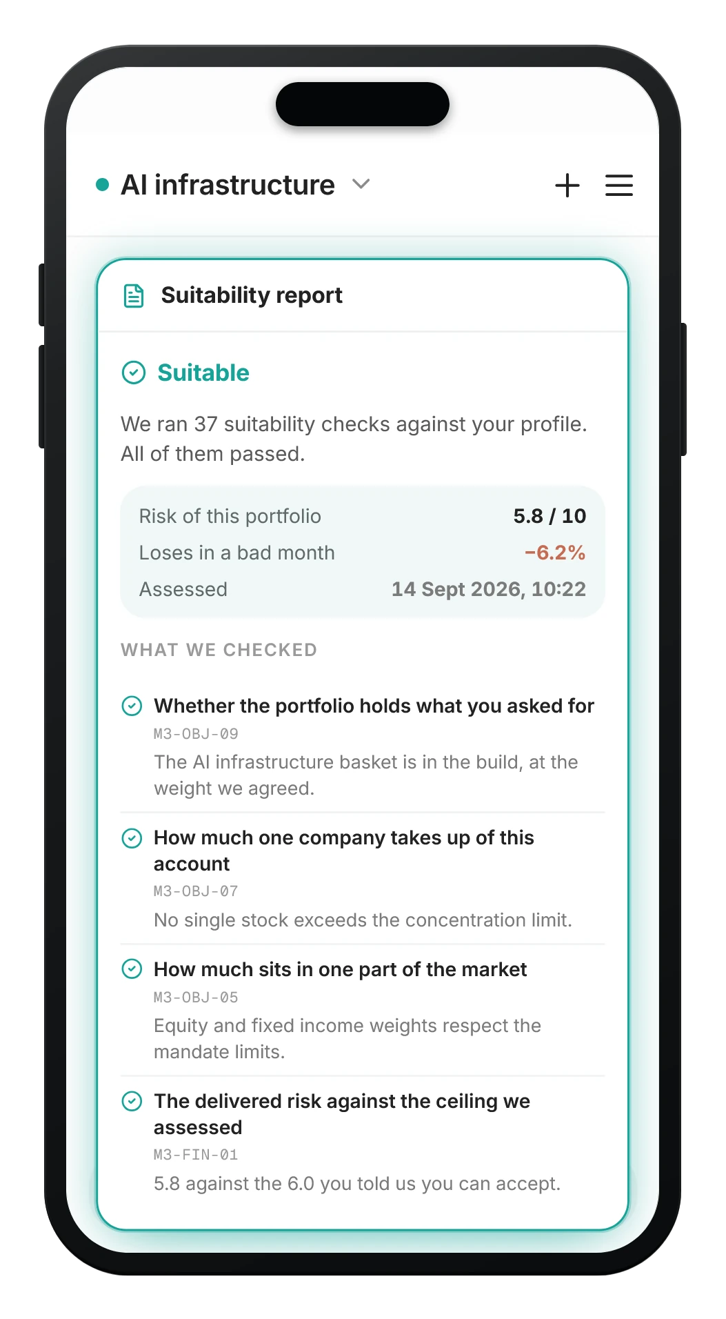 Rules-based suitability checks — the Advisory app, never a rubber-stamp approval